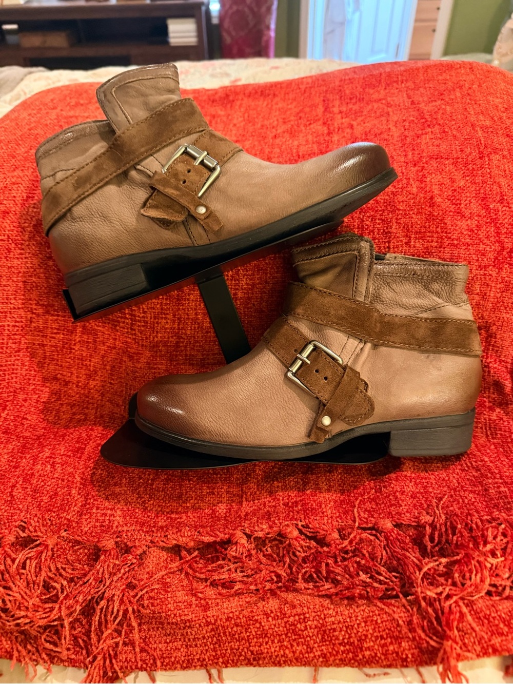 Miz Mooz Taupe Brown Leather Ankle Booties with Buckle